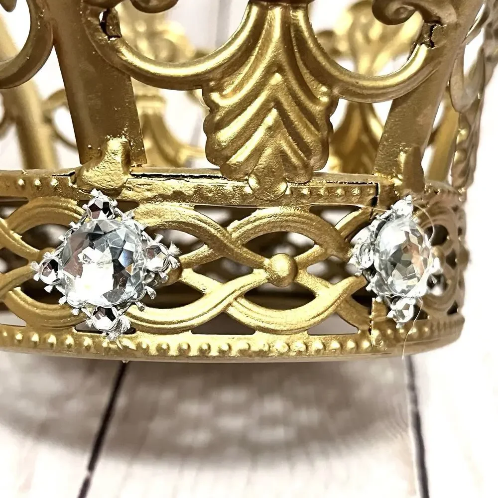 Gold Metal Crown Cake Topper Lightweight Fleur De Lis Rhinestone Design 8.5